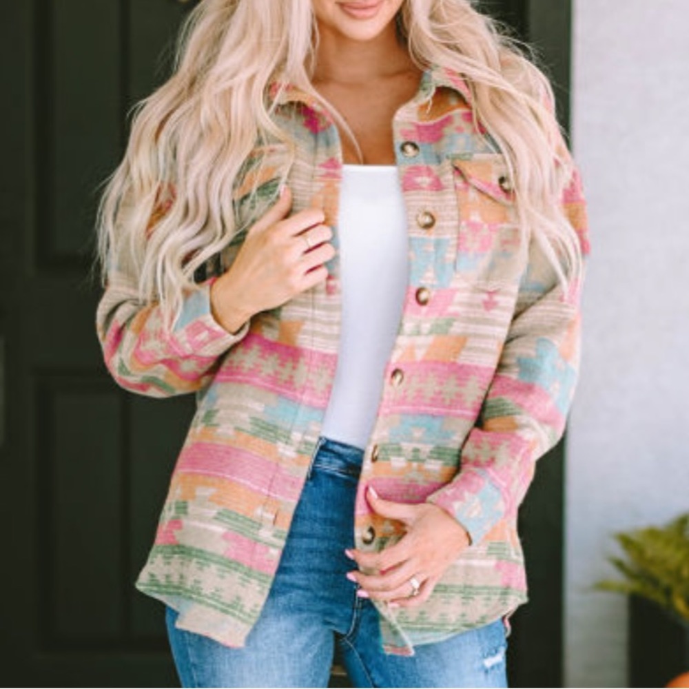 Western Multicolor Aztec Print Button Down Shacket - Picture 7 of 14
